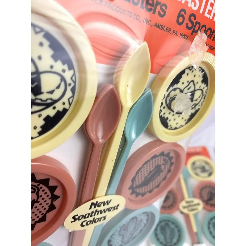 VTG 70s 80s‎ Sunshine Coaster Set (6) & Spoons Plastic NIB NOS Southwest Colors